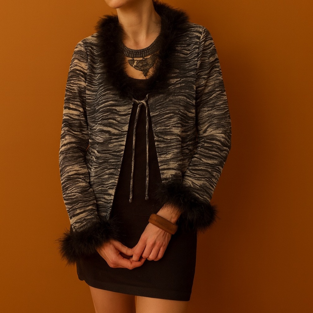 Vintage Prima Donna Zebra Feather Boa Open Front Cardigan Blouse Halloween